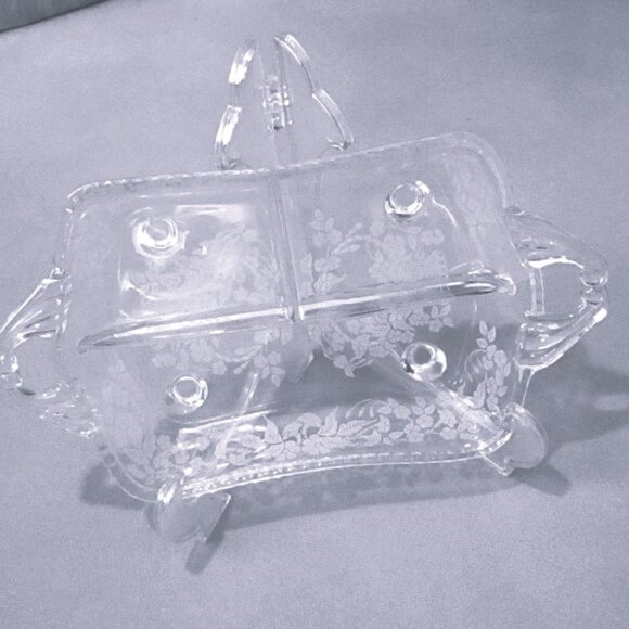 Etched Glass 3-Section Relish Tray With Handles & Feet Floral Design Elegant Din - Picture 1 of 5